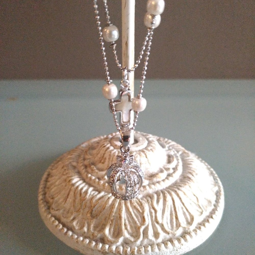 Double Chain Pearl Necklace W/ Crown & Cross